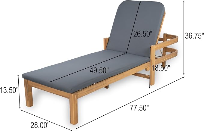 Christopher Knight Home Kayas Acacia Wood Chaise Lounge with Adjustable Backrest, 77.5" Outdoor Sun Lounger with Cushion, Modern Patio Lounger Recliner Chair for Poolside Lawn, Light Teak+Gray, 1PCS