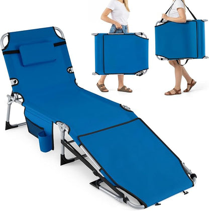 GYMAX Tanning Chair, 330LBS Beach Lounge Chair with Face Arm Hole & Hand Shoulder Strap, Folding Layout Sunbathing Chair, Face Down Outdoor Chaise Lounger for Patio, Poolside, Lawn, Backyard (1, Blue)