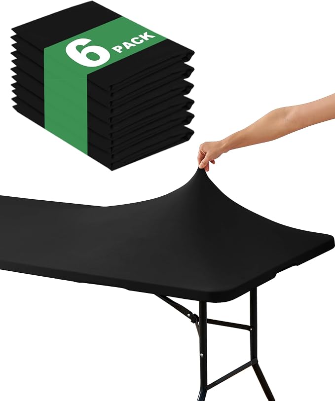 Fitted Tablecloth Rectangle Table Cloths with Elastic, 8 ft, Black, 6 Pack | For Outdoor Picnic Camping Party 8 foot Folding Spandex Table Covers, Water-Resistant, Windproof, Reusable, 96"L x 30"W