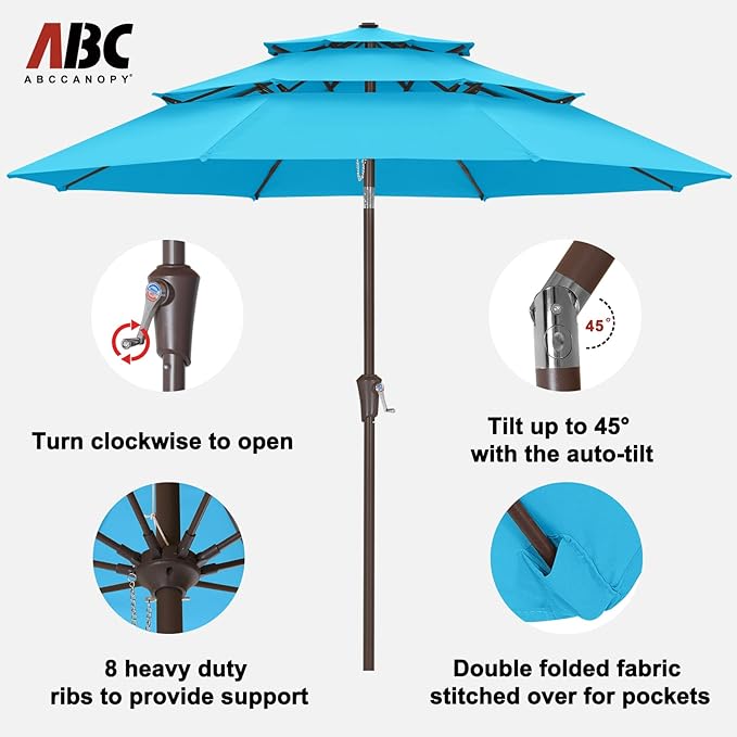 ABCCANOPY 9Ft 3 Tiers Market Umbrella, Outdoor Table Umbrella for Patio, Deck, Backyard (Turquoise)