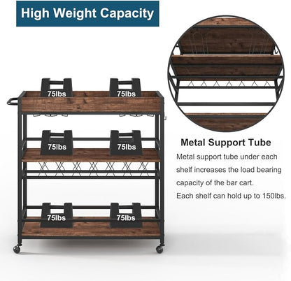 Bar Cart for The Home, Rolling Home Bar Serving Cart on Wheels, 3 Tier Liquor Beverage Carts with Wine Rack and Glass Holder (Rustic Oak)