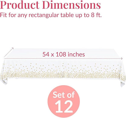 Prestee 12-Pack White and Gold Tablecloth - 54x108 Inch - Disposable Table Covers for Party, Weddings, and Holidays - Waterproof Christmas Tablecloth, Stain-Resistant Plastic Table Cover Set