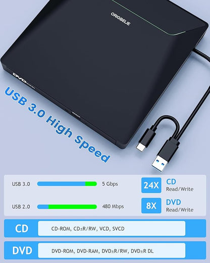 New External CD DVD Drive with Ethernet Adapter USB 3.0 Hub & Carrying Case | 3 USB & 2 TF/SD Card Ports, CD DVD Burner Player Reader Writer Optical Disc Drive for Laptop MacBook PC Windows Linux Mac OS