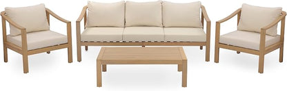 Merax 4 Piece All-Weather Acacia Wood Outdoor Furniture Set, 5-Seater | Patio 3-Seater Sofa, 2 Club Chairs with Coushions, 1 Coffee Table, Conversation Set for Backyard, Deck, Poolside, Teak+ Beige