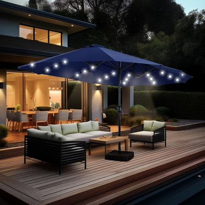 GREEN PARTY 15 ft Large Outdoor Patio Umbrella with Solar Led Lights & Base Included, Double-Sided Rectangular Table Umbrella with Stand, Market Umbrellas for Deck Poolside Garden Backyard, Navy Blue