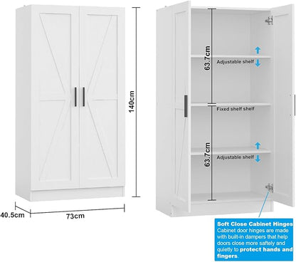 Wooden Storage Cabinet, Collection Food Pantry Narrow Cabinet Free Standing with 2 Doors and 3 Shelves Tool Cabinet, for Kitchens, Living Room, Utility Rooms (White)