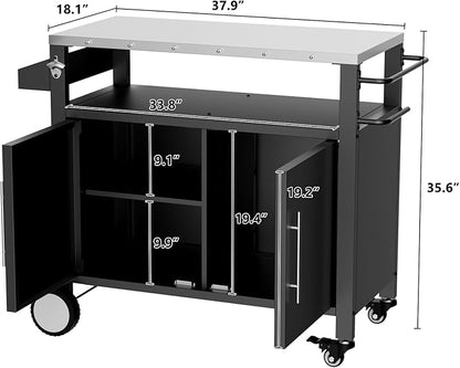 Outdoor Grill Cart with Patio Furniture, Outdoor Grill Table with Storage,Rolling Bar Cart Outdoor BBQ Cart with Hooks and Spice Rack for Grilling Accessories(Double Door, Black)