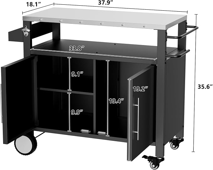 KEIKI Two Doors Outdoor Grill Cart with Patio Furniture, Rolling Bar Cart, Outdoor BBQ Cart with Hooks and Spice Rack for Grilling Accessories