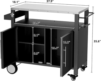KEIKI Two Doors Outdoor Grill Cart with Patio Furniture, Rolling Bar Cart, Outdoor BBQ Cart with Hooks and Spice Rack for Grilling Accessories