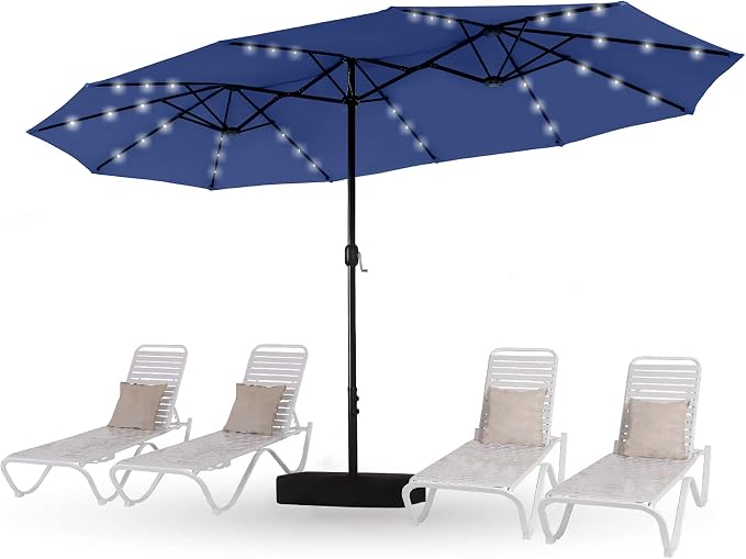 15ft Patio Umbrella with Solar lights & Base, Large Umbrellas, Haze Blue | HERA'S PALACE Rectangle Double Market Umbrella with 36 LED Lights, Big Outdoor Umbrellas for Pool Picnic Inground Yard Deck