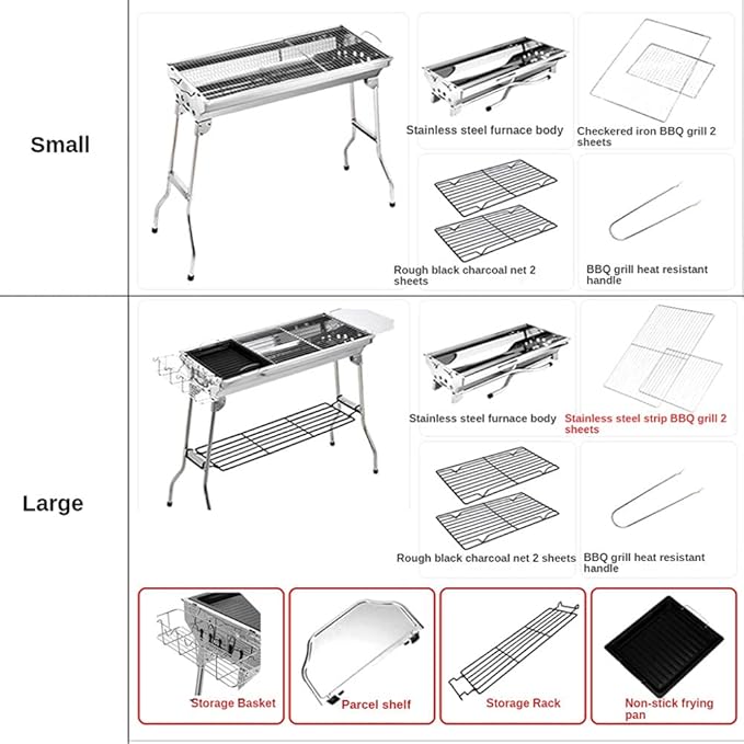 BBQ Grill, Stainless Steel Barbecue Grill Smoker Charcoal BBQ, Folding Portable BBQ for 5-10 Persons Family Garden Outdoor Cooking Hiking Picnics Camping Barbecue Party