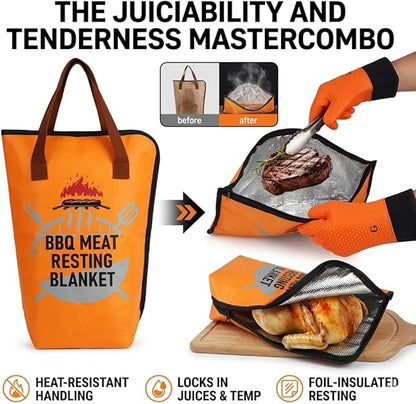 BBQ Gloves - Heat Resistant Gloves - Grill Accessories - Smoker Accessories - Silicone Oven Mitts Heat Resistant - Meat Resting Blanket Kit - Outdoor Cooking - Brisket - Turkey - Pulled Pork