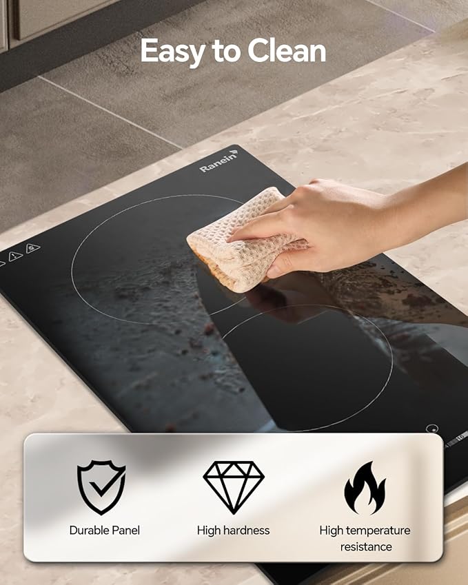 Ranein GEN II 12 Inch 2 Burner Electric Cooktop, Max 3000W 240V Ceramic Panel Built-in Electric Stove Top, with Child Safety Lock, Timer, Over-Temperature Protection