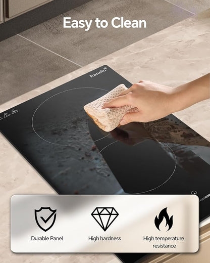 Ranein GEN II 12 Inch 2 Burner Electric Cooktop, Max 3000W 240V Ceramic Panel Built-in Electric Stove Top, with Child Safety Lock, Timer, Over-Temperature Protection