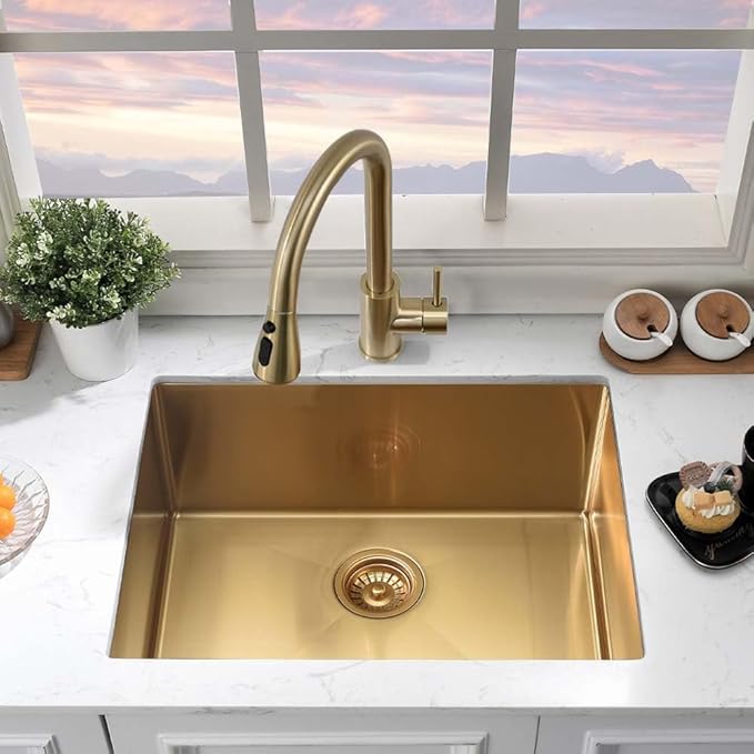 Gold Laundry Sink Undermount-Hovheir 24x19x12 Undermount Utility Sink 16 Gauge Brushed Gold Stainless Steel Single Bowl Deep Laundry Room Kitchen Sinks Outdoor Sinks with Bottom Grid