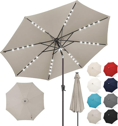 FLAME&SHADE Solar Patio Umbrella with Centre Light, 10 FT Taupe | UV Protection, Small Solar Outdoor Umbrella for Porch, Deck, Backyard, Garden, Provides Evening Lighting, 40 LED Lights