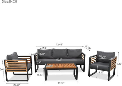 4-Pieces Outdoor Patio Sectional Sofa Set with Coffee Table, All-Weather 5 Person Conversation Set with Thick Cushions and Pillows for Garden Backyard Balcony, Acacia Wood Tabletop (Gray-N74)