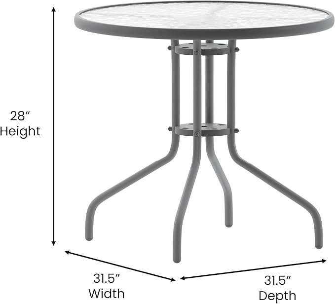Flash Furniture 31.5 in Metal Round Table, Silver | Tempered Glass Top
