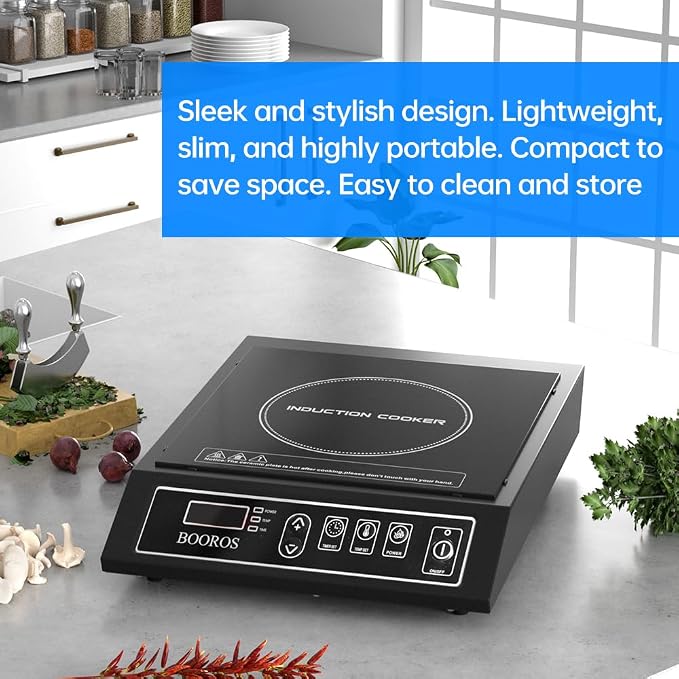 BOOROS Portable Induction Cooktop, 9.6" Heating Coil with 8" Core, 1800W | Induction Burner Countertop ,10 Temp Levels 175-520°F, 24H Timer & Preset, Overheat Protection for Commercial & Home Use