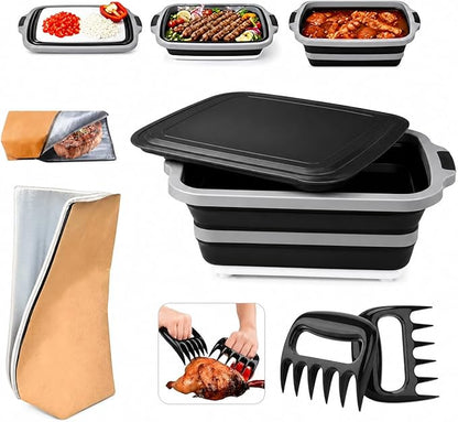 Collapsible BBQ Prep Tub - for Meal Prep Marinating Food Storage - Includes Cutting Board & Locking Lid - 16L - Black