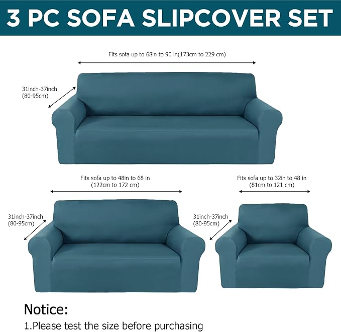 Peryiter 3 Pcs Couch and Loveseat Sofa Covers,Peacock Blue,Milk Silk | Armchair Covers for Living Room, Sofa Cushion Slipcover, Furniture Protector, Polyester and Spandex, Washable