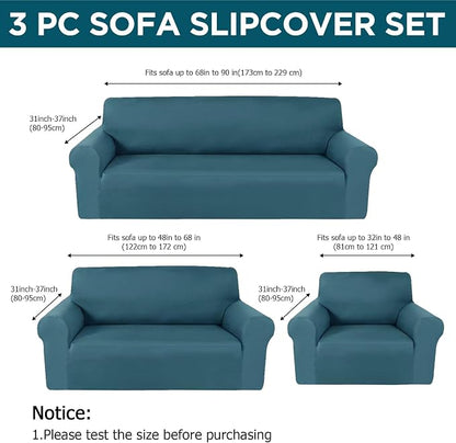 Peryiter 3 Pcs Couch and Loveseat Sofa Covers,Peacock Blue,Milk Silk | Armchair Covers for Living Room, Sofa Cushion Slipcover, Furniture Protector, Polyester and Spandex, Washable