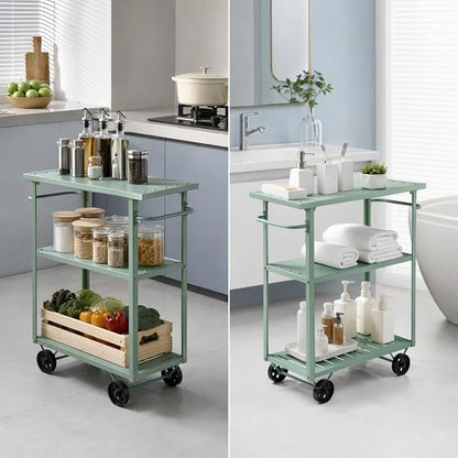 3-Tier Metal Rolling Cart with Wheels, 39.37x15.74x41 in, Pea Green | Indoor & Outdoor Use, Convenient Handles, Waterproof & Rustproof, Stronger Load Bearing, Kitchen & Garden Use