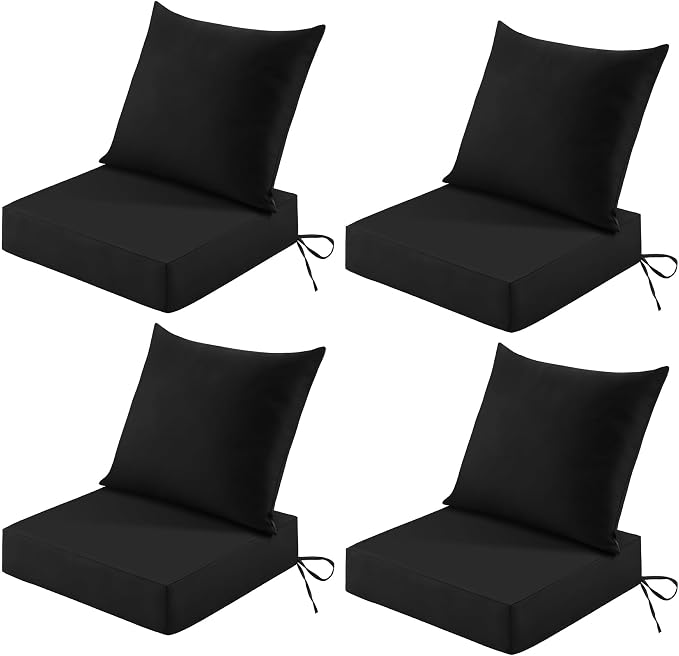 Patio Cushions for Outdoor Furniture, 24x24 Outdoor Couch Cushions, Waterproof & Fade-Resistant Patio Chair Cushions with Removable Cover, Replacement Outdoor Deep Seat Cushion, Black (Set of 4)