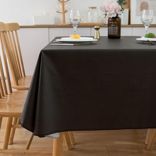 LIBERECOO Vinyl Tablecloth with Flannel Backing, Solid Black, Waterproof, Stain-Resistant, Easy-Clean Table Cover for Dining, Kitchen, and Outdoor Use, 60" x 84" Rectangle