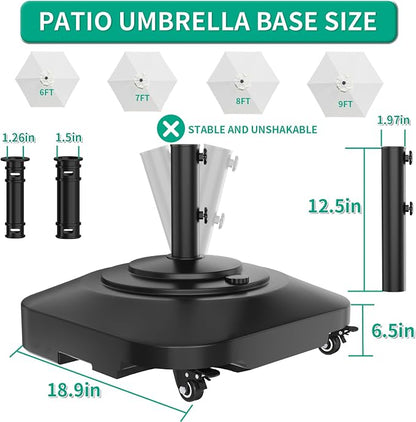QZER Umbrella Base with Wheels, Umbrella Stand Heavy Duty 100lb Windproof | Fillable Umbrella Base Mobile Square Umbrella Stand Outdoor Base for Patio, Deck, Poolside, Lawn, Fits Most Sized Umbrellas