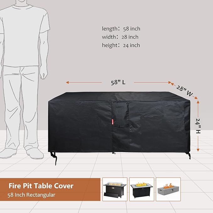 SheeChung Rectangular Fire Pit Cover,Fits 54-58 Inch-Outdoor Waterproof Anti-UV Patio Furniture Gas Fire Pit Table,58 x 28 x 24 Inches, Black