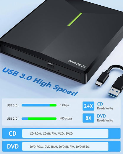 ORIGBELIE External CD DVD Drive, 4 USB & 2 TF/SD Card Ports & Carrying Case | USB C 3.0 Optical Disk Drive, Portable CD/DVD Player Burner Reader Writer for Laptop MacBook Desktop PC Windows Linux Mac OS