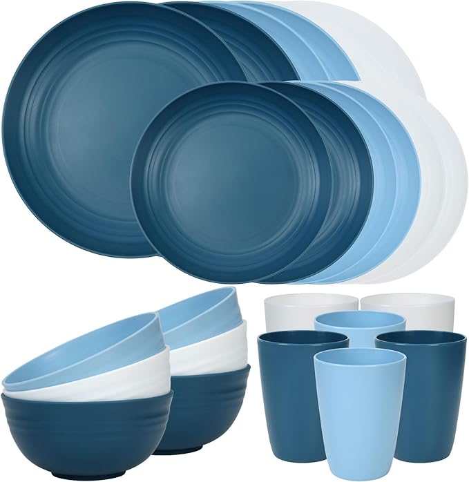 Quatish 24 Piece Plates and Bowls Sets for 6, Unbreakable Dinnerware Sets, Dish Set for Camping, Dishwasher Microwave Safe, Outdoor Kitchen and Apartment Dorm Dinning RV Essentials, Blue