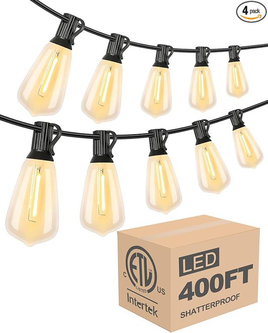 Lightdot 400FT Outdoor String Lights, LED Bistro String Lights with Shatterproof ST38 Vintage Bulbs, 2200K Dimmable, Waterproof Hanging Lights for Porch, Deck, Garden, Backyard, Balcony - ETL Listed