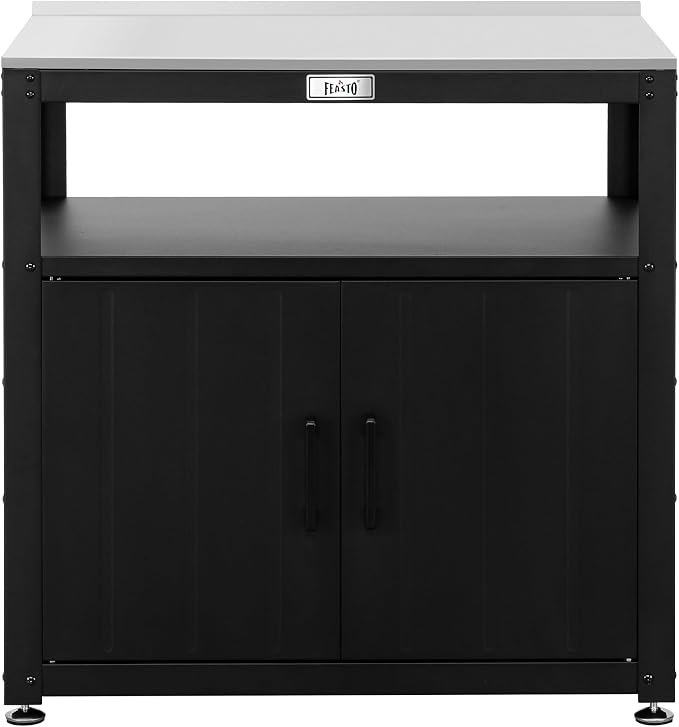 Feasto Metal Outdoor Potting Bench with Storage Cabinet for Garden Work | Durable Metal Cabinet & Stainless Steel Top, Open Middle Shelf, Raised Edge & Adjustable Feet, for Patio, Lawn & Greenhouse