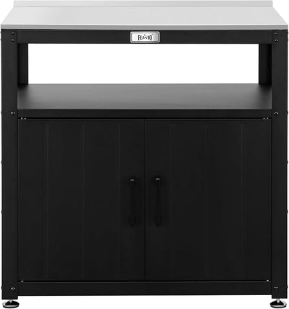 Feasto Metal Outdoor Potting Bench with Storage Cabinet for Garden Work | Durable Metal Cabinet & Stainless Steel Top, Open Middle Shelf, Raised Edge & Adjustable Feet, for Patio, Lawn & Greenhouse