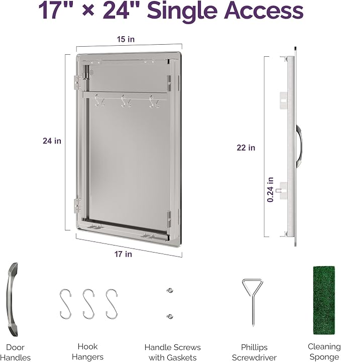 Sersper Outdoor Kitchen Door, 17" W x 24" H Stainless Steel Single Access Door with Venting Holes, Recessed Installation, 1 Ergonomic Handles, 3 Hooks, Ideal for Outdoor Kitchens and BBQ Islands