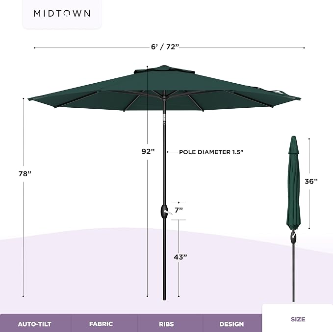 Midtown Umbrellas - 10-Year-No-Fade 6 Ft Patio Umbrella with Terylast Fabric, Auto-Tilt Aluminum Frame and 8 Reinforced Ribs for Deck, Pool, Garden & Beach - Forest Green Canopy, Black Pole