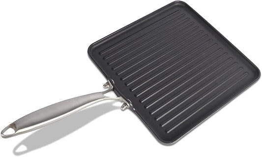 11 Inch Square Cast Iron Grill Pan, Pre‑Seasoned Ridged Skillet with Stainless Steel Handle, Even Heating Griddle for Burger Steak, Indoor Outdoor Stovetop BBQ Compatible