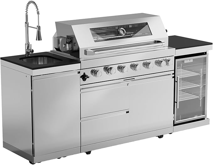 Outdoor Kitchen Island Barbecue Grill with Refrigerator & Rotisserie, Heavy-Duty Stainless Steel Freestanding Grills Station, Weather-Resistant Cooking Cabinet for Backyard & Summer Propane Gas
