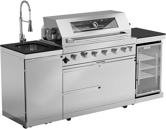 Outdoor Kitchen Island Barbecue Grill with Refrigerator & Rotisserie, Heavy-Duty Stainless Steel Freestanding Grills Station, Weather-Resistant Cooking Cabinet for Backyard & Summer Propane Gas