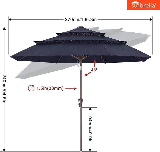 ABCCANOPY 9FT 3-Tier Acrylic Patio Umbrella, 10-Year No Fading, Navy Blue | Heavy Duty Fade-Resistance Outdoor Table Umbrella, 8 Sturdy Ribs, Tilt, Crank for Deck, Backyard, Garden, Yard, Pool