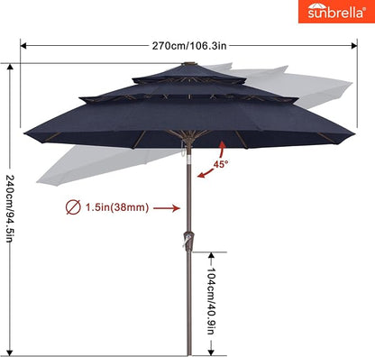 ABCCANOPY 9FT 3-Tier Acrylic Patio Umbrella, 10-Year No Fading, Navy Blue | Heavy Duty Fade-Resistance Outdoor Table Umbrella, 8 Sturdy Ribs, Tilt, Crank for Deck, Backyard, Garden, Yard, Pool
