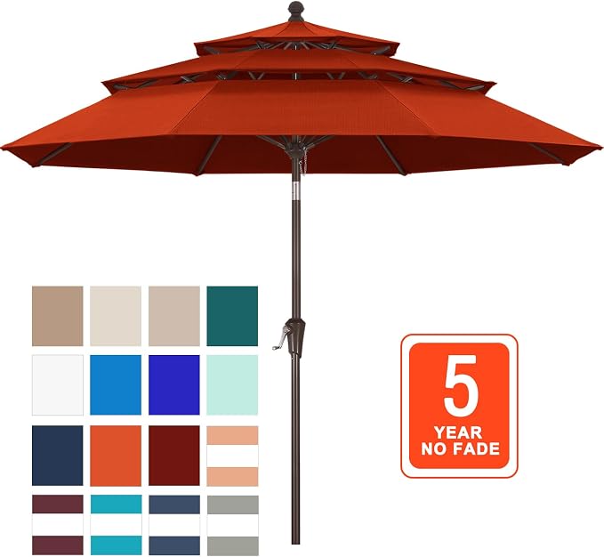 ABCCANOPY 9FT 3-Tier OLEFIN® Patio Umbrella, 5-Year No Fading, Orange | Heavy Duty Fade-Resistance Outdoor Table Umbrella, 8 Sturdy Ribs, Tilt, Crank for Deck, Backyard, Garden, Yard, Pool