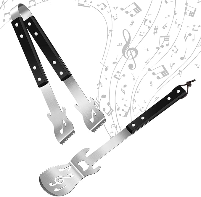 Jingmore 2 Pcs Guitar Gifts for Dad Men Father's Day Grill BBQ Guitar Gift Spatula Tong Fork Heavy Duty Stainless Steel Barbecue Utensils Grilling Accessories Set for Music Lover Enthusiast Birthday