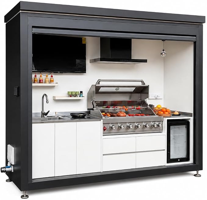 Sunnyjoy Modular Outdoor Kitchen MAX, Premium Aluminum Cabinet System-1 | Max roll-up shade version with grill, sink & storage, durable weather-resistant design, includes roll-up set for protection