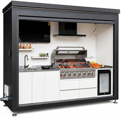 Sunnyjoy Modular Outdoor Kitchen MAX, Premium Aluminum Cabinet System-1 | Max roll-up shade version with grill, sink & storage, durable weather-resistant design, includes roll-up set for protection