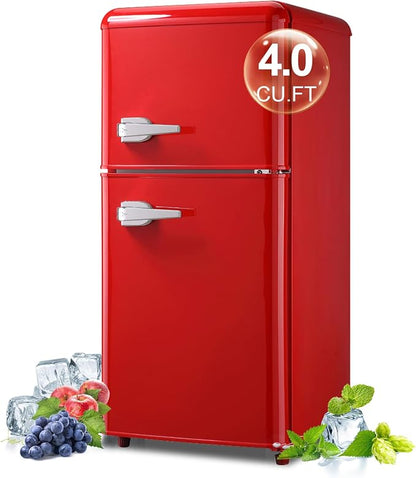 Retro Mini Fridge with Freezer 4.0 Cu. Ft, Small Refrigerator with 7 Level Adjustable Thermostat, Compact Classic Dual Door Fridge Removable Glass Shelves for Apartments, Dorm, Office, Red