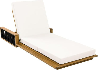 Merax Patio Chaise Lounge Set of 2, Acacia Wood Outdoor Reclining Chairs with 4-Position Adjustable Backrest, 2-Piece Sunbathing Recliner & 4" Thick Triple-fold Cushion for Poolside, Garden, Beige