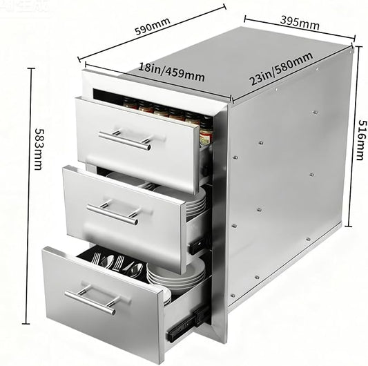 Outdoor Kitchen Drawers with Triple-Access & Handles ，18" W x 23" H x 23" D Stainless Steel Flush Mount Modular Cabinet for BBQ Islands & Patios